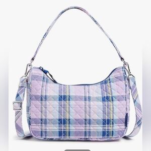 Vera Bradley Cotton Frannie Crescent Crossbody Purse in Amethyst Plaid.
